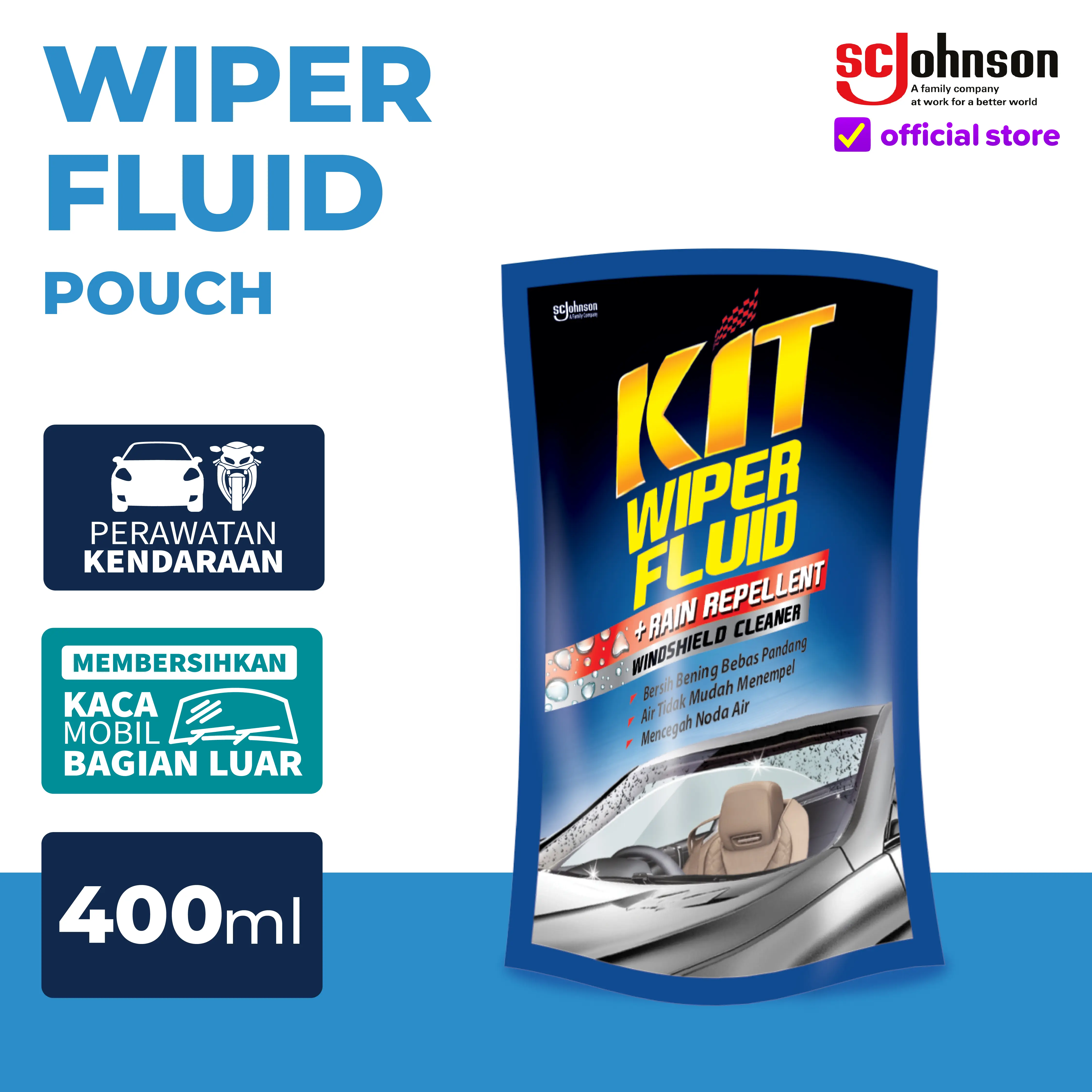 KIT Wiper Fluid Pouch 400ml – Cairan Pembersih Kaca Mobil Jernih & Bersih
