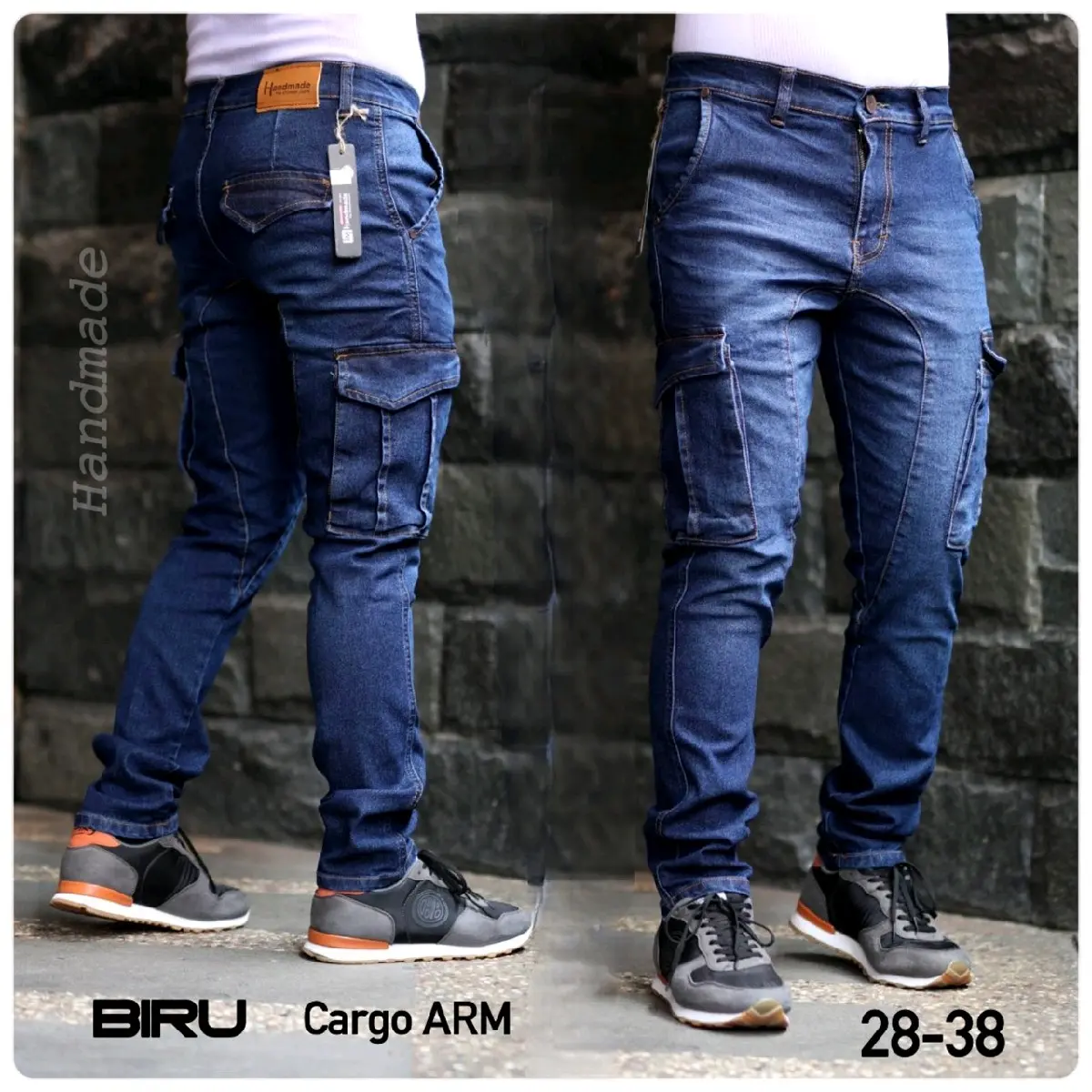 99outfit Cargo denim jeans pria Stretch melar / celana cargo Jeans pria original distro Bandung navy wash 28-38 Panjang Tebal Tebal