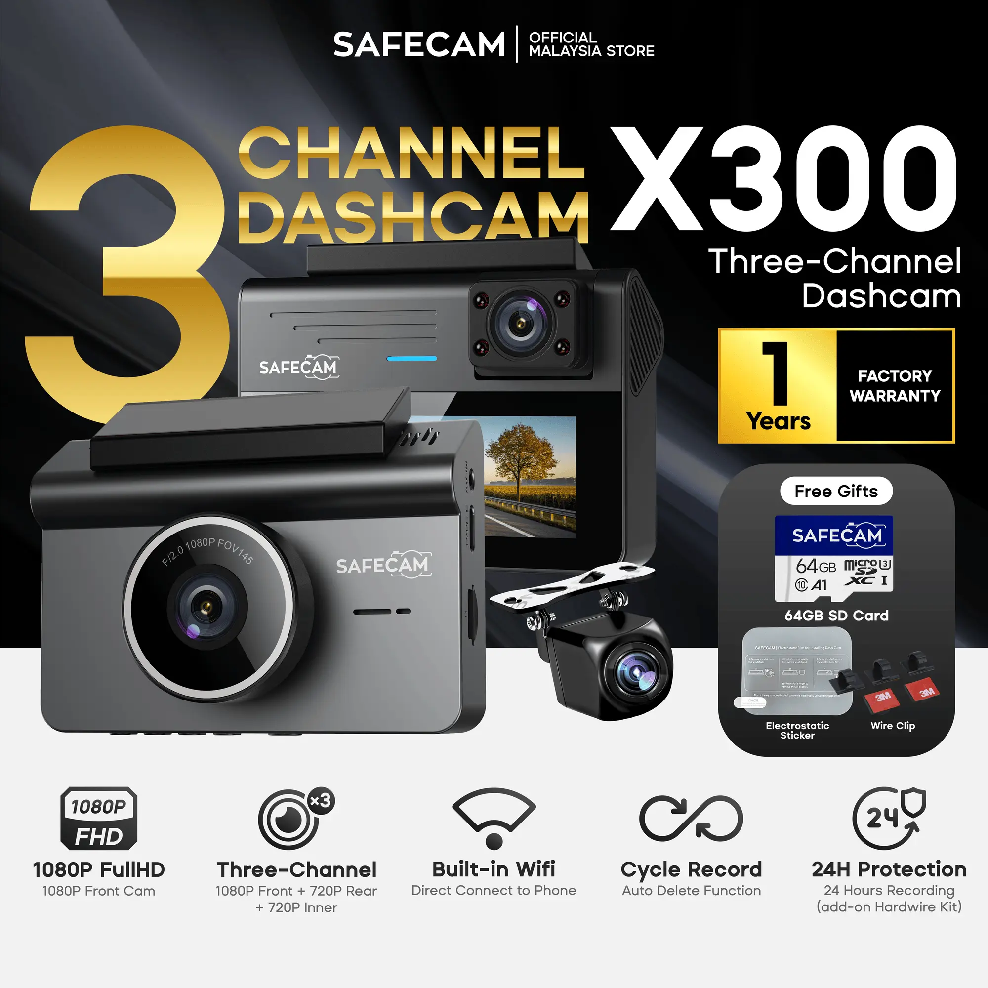 SAFECAM X300 WIFI 3-Channel Dashcam 1080P Front + 720P Inner + 720P Rear Dashcam WIFI Control 24-H Parking Time Lapse