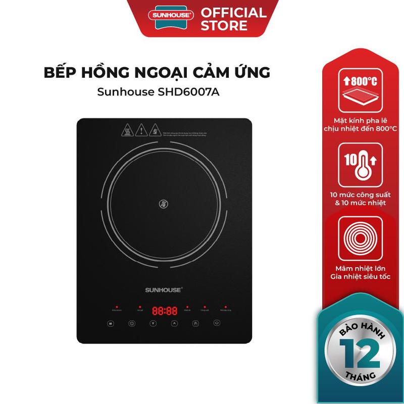 Bếp hồng ngoại cảm ứng Sunhouse SHD6007A - Mặt kính chịu nhiệt 800 độ C - 10 mức nhiệt tùy chỉnh - Khóa trẻ em