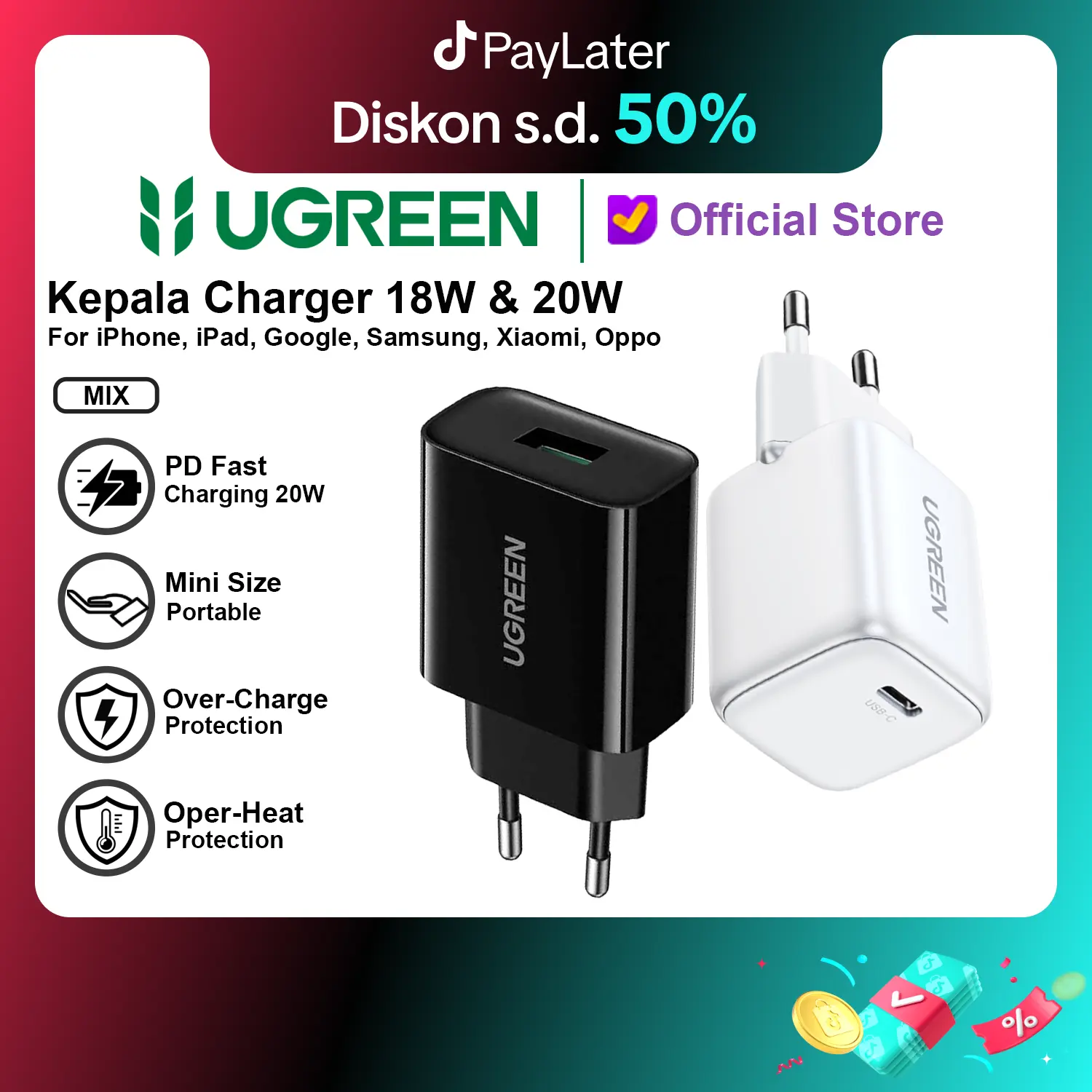 UGREEN Kepala Charger Mfi For Iphone X 11 12 13 14 15 Fast Charging 10w 20w 30w