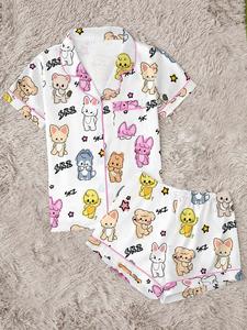 Pijama para mujer estilo K‑Pop kawaii con estampado de animales, conjunto de dormir de 2 piezas con manga corta, ropa de dormir linda de dibujos animados, regalo perfecto para el verano