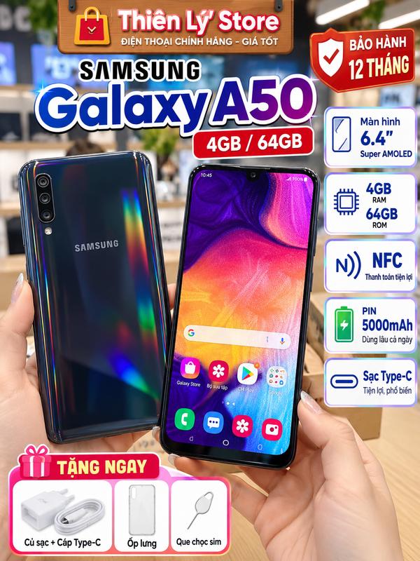Điện Thoại Samsung Galaxy A50 4GB/64GB – Có NFC | Pin 5000mAh | Sạc Type-C | Máy Đẹp, Mượt