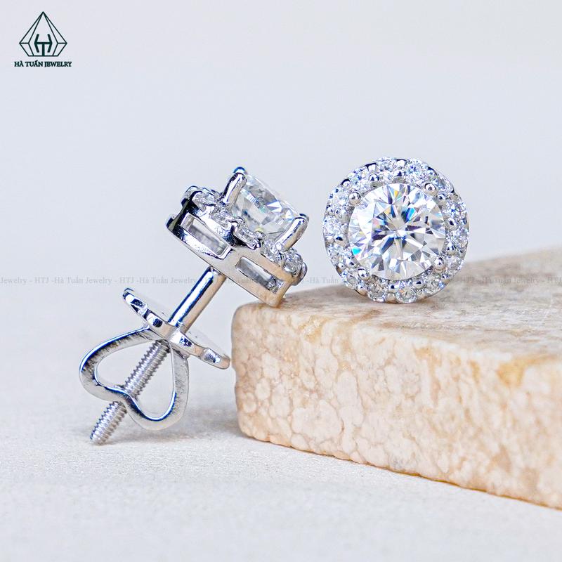 Hà Tuấn Jewelry Bông Tai BẠC 925 Xi Kim Đính FULL Moissanite Viên Chủ 6mm EX048
