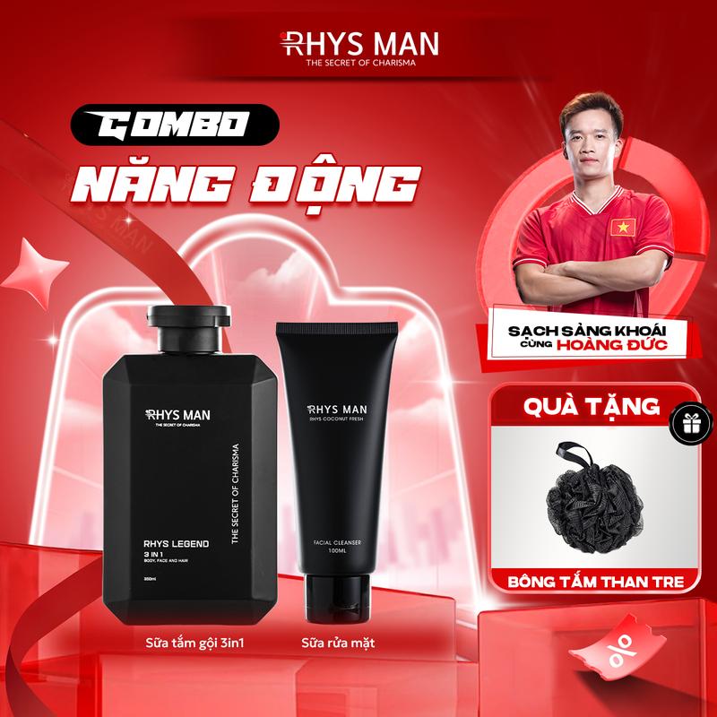 Combo Năng Động RHYS MAN (Sữa tắm gội nam 350ml & Sữa rửa mặt 100ml) | Tặng : 1 set Hộp & Túi và 1 Bông Tắm Than Tre