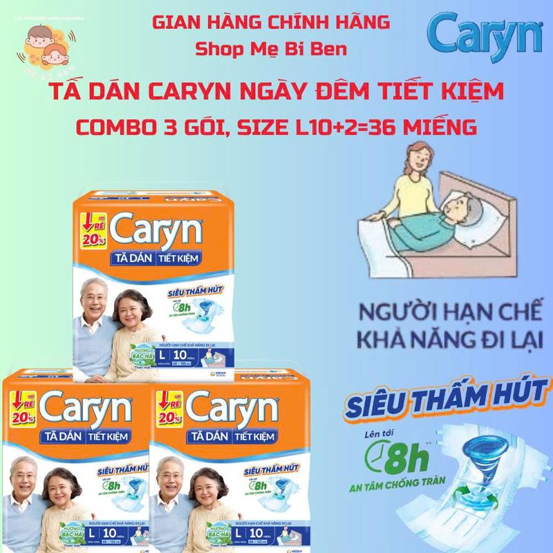 [Combo 3 gói M10+2/ L10+2= 36 miếng] Tã/Bỉm Dán người lớn siêu thấm Caryn Ngày và Đêm M10+2 L10+2 miếng hương bạc hà