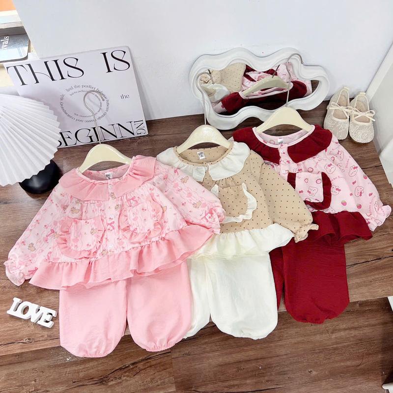  89k 1 bộ  7-18kg Set Thu Đông phối 3 màu mỏng dài tay chất Đũi phối kiểu cho bé gái 