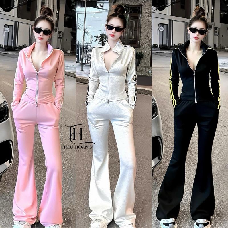  THUHOANG4994 Sét Bộ Mì Áo Dài Tay Chạy Sọc Khóa Trước Ôm Quần Cạp Chun Loe Hách Dáng Hồng Đen Trắng Cho Nữ 