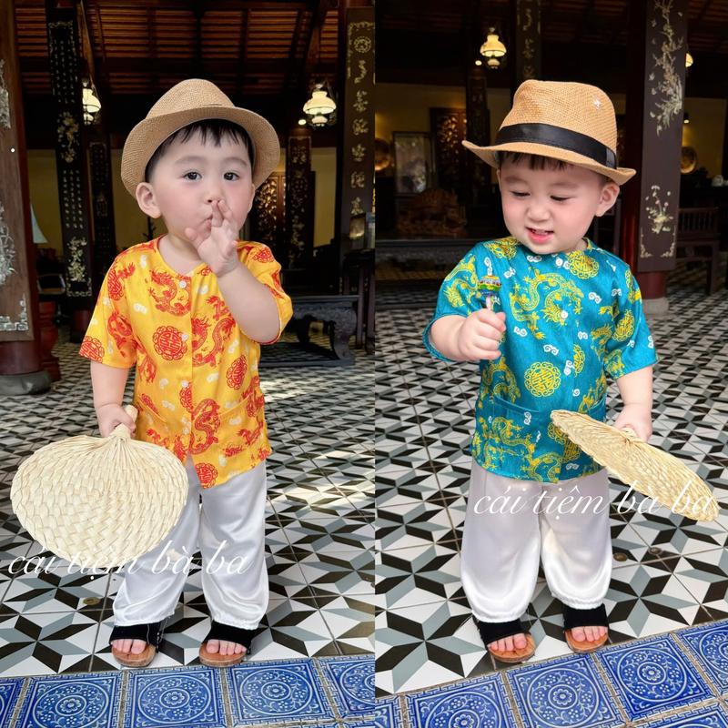  Bà Ba Bộ bà ba Tết Bộ quần áo gấm rồng cho bé trai - Áo dài Cậu Ba chất liệu lụa cao cấp thấm hút mồ hôi phù hợp cho Tết lễ hội Trung thu 