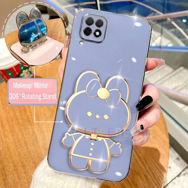 Product Introduction of Casing for Samsung Galaxy A22 4G A12 A42 5G M12 Case, Fashion Plating Soft Phone Case with 3D Cute Rabbit Makeup Mirror 306° Rotating Stand Cartoon Couple Cases 12