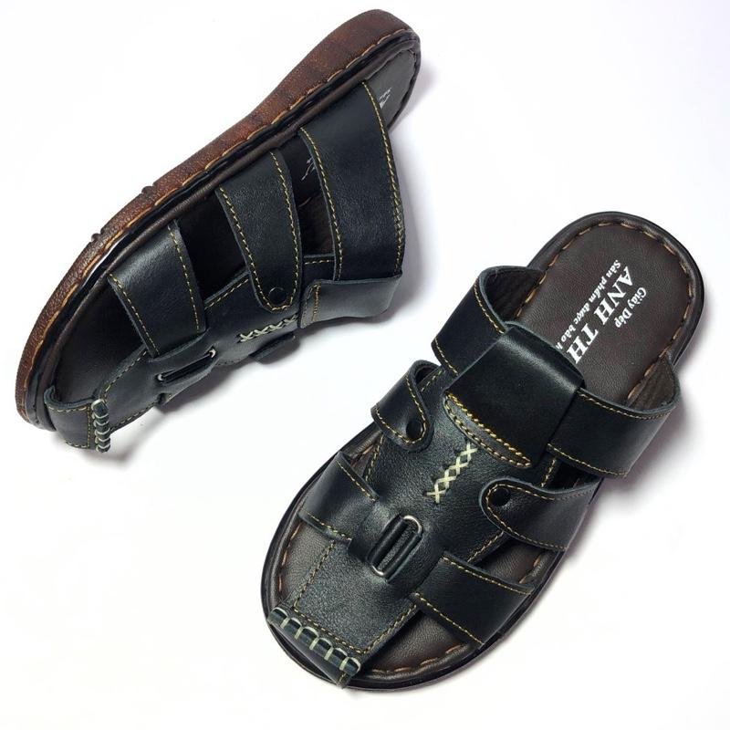 Dép da nam kiểu bít mũi, 100% da bò, đế may viền chắc chắn chống trơn trượt phù hợp mọi lứa tuổi thiết kế dễ phối đồ, màu đen, mã 012