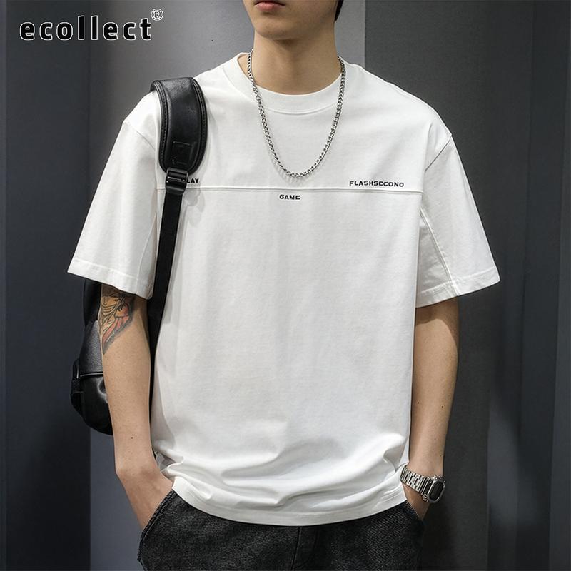 Áo thun nam ECOLLECT CT06 cotton form rộng, chữ thêu ngang ngực, áo phông tay lỡ basic thời trang hè