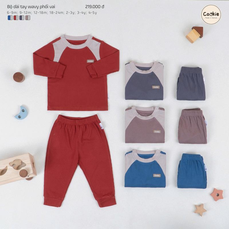 Bộ Quần Áo Dài Tay Cookie Wavy Phối Vai Cho Bé Size Từ 6 Tháng Đến 5 Tuổi Chất Cotton Tăm Lạnh