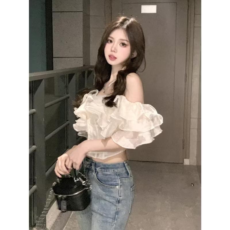 Áo trễ vai ren viền bèo nút CÓ MÚT kho sỉ hải chuyền A007