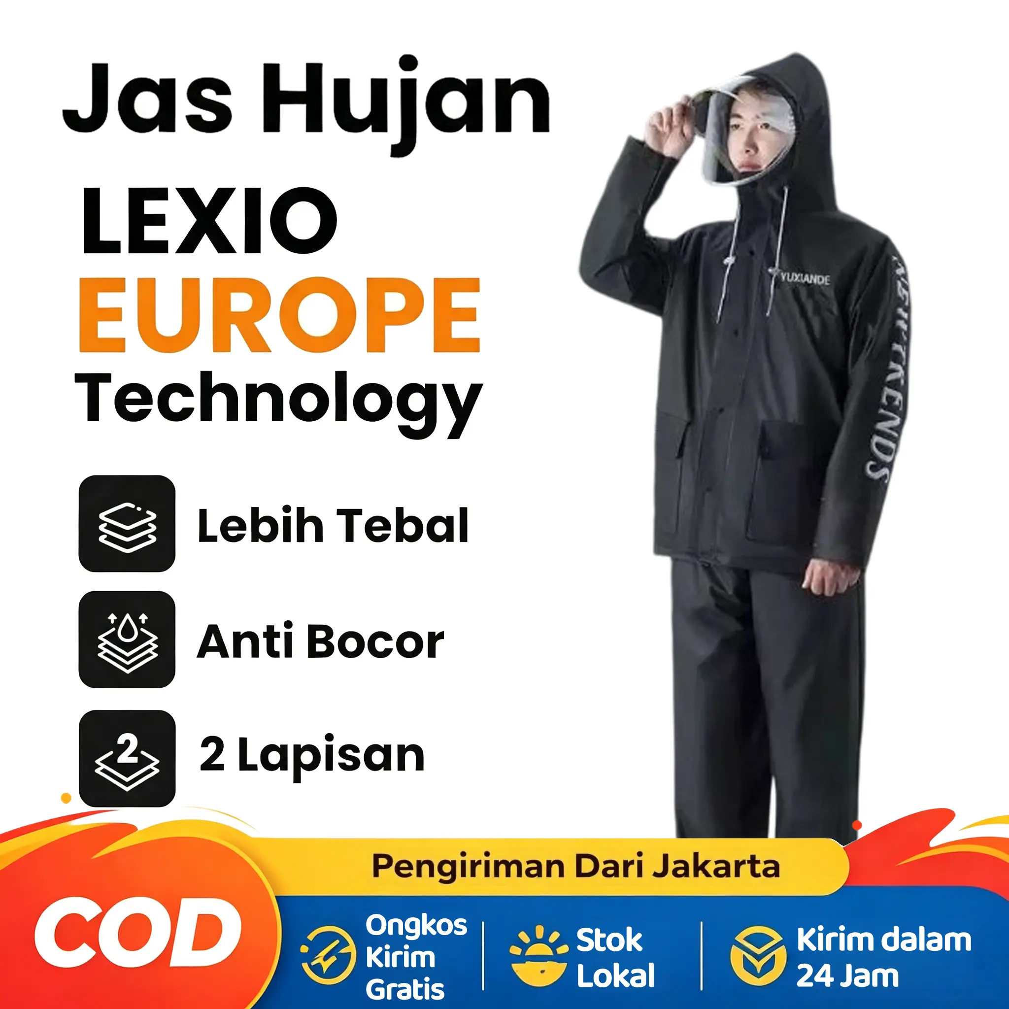 Jas Hujan Mantel Hitam Pria Wanita Dewasa – Tahan Air & Angin, Bahan Tebal Awet, Portabel untuk Motor