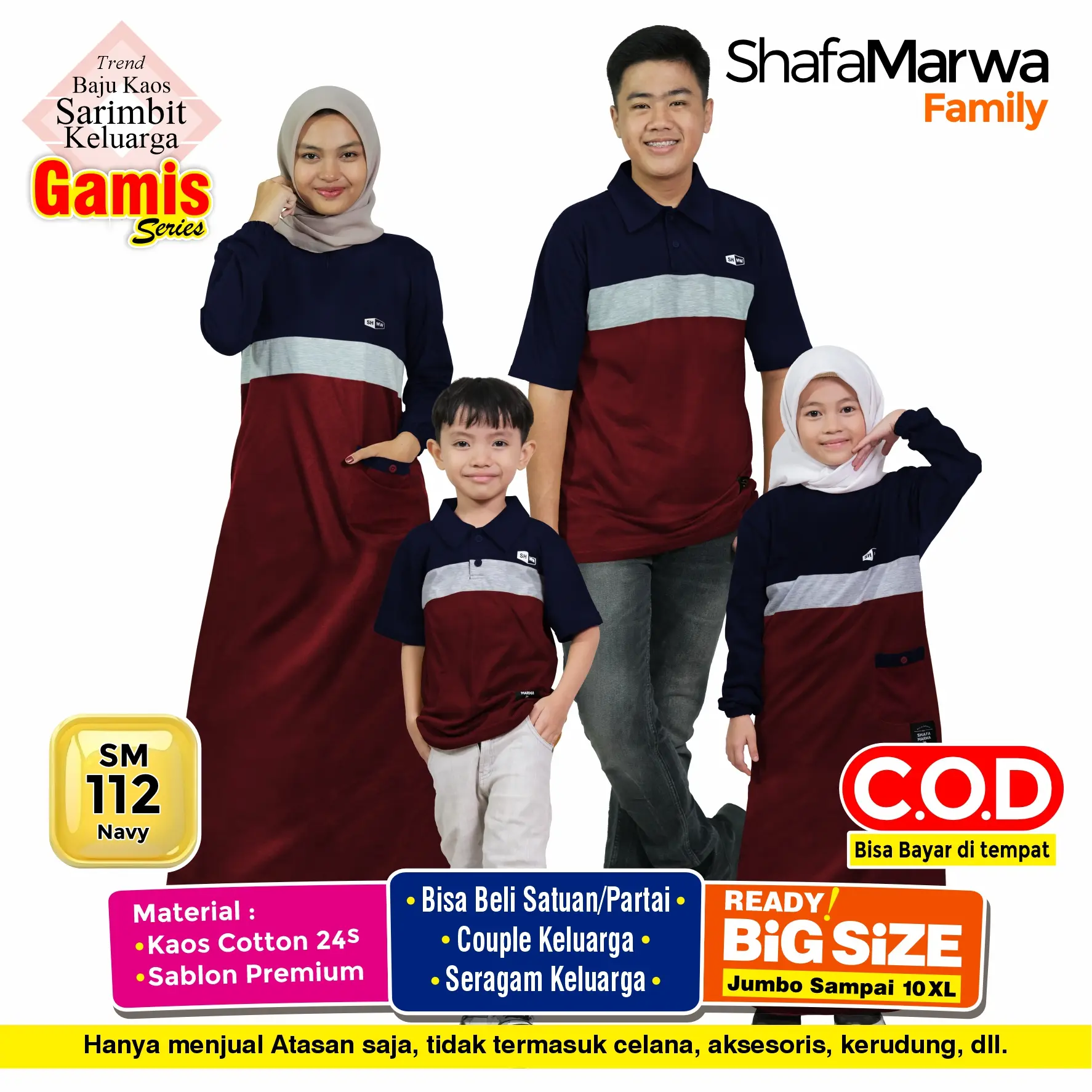 Shafamarwa Baju Lebaran Couple Keluarga RAMADHAN Pakaian Gamis Sarimbit Family Muslim SM112 Navy  Dress Syarii Maroon jumbo