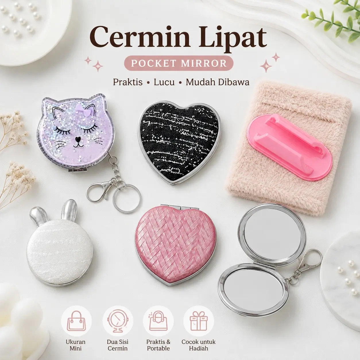 Gantungan Kunci Kaca Lipat Mini/Cermin Lipat Portable Gantungan Tas
