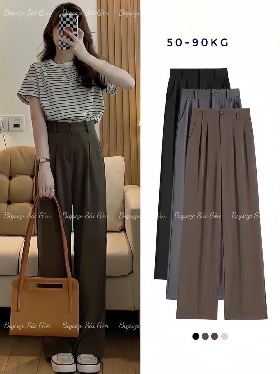 Quần Tây Ống Suông Suông Cạp Cao Phối Khuy Vải Xước Hàn Cotton Cao Cấp Thanh Lịch Bigsize Cho Nàng 50-90 - A.1803