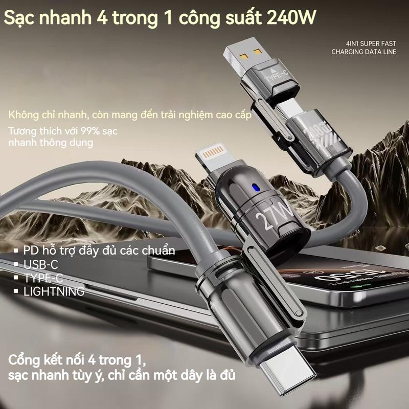 Dây cáp dữ liệu 240W bốn trong một đầu đạn silicon lỏng phù hợp cho Apple và Huawei, sạc nhanh siêu tốc, dây cáp dữ liệu điện thoại type-C kép, hai kéo hai sạc