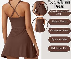 Beautiful-back tennis/golf dress with anti-exposure one-piece design, square neck, and built-in cups [YA88]