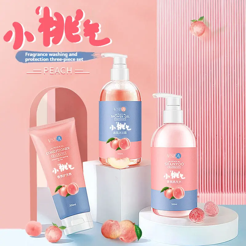 Peach fragrance shampoo, peach fragrance conditioner, peach fragrance shower gel Haircare Comfort Cleanser Cleansing Scent Scented