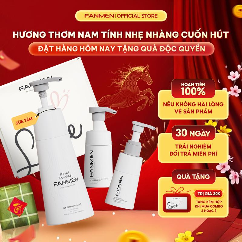 Combo Hoàn Hảo Fanmen Sữa rửa mặt muối biển chết 100ml Sữa tắm hương thơm Blue Sea nam tính 350ml & và Bọt vệ sinh ngăn ngừa vi khuẩn dành cho nam giới | Tặng Hộp Đựng WLv Kèm Quà 0Đ