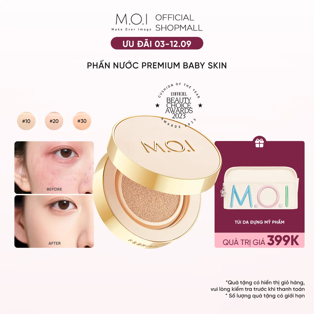Phấn nước Kiềm Dầu Che Khuyết Điểm SPF 50+ PA+++ MOI Premium Baby Skin Cushion 12g