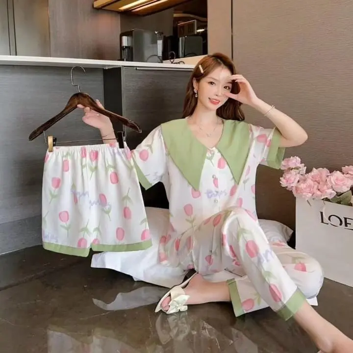 Piyama Remaja Cewe Setelan Piyama Baju Tidur Dewasa Wanita 3in1 Lengan Pendek Celana Panjang dan hotpants Kancing Motif Super Lucu Nyaman