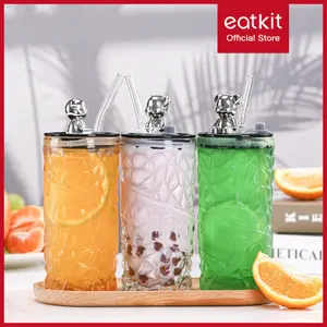 Eatkit Tumbler Gelas Kaca Mug Kopi 500ml Botol Beling Sedotan Coffee Cup Glass Borosilicate Bear Lid