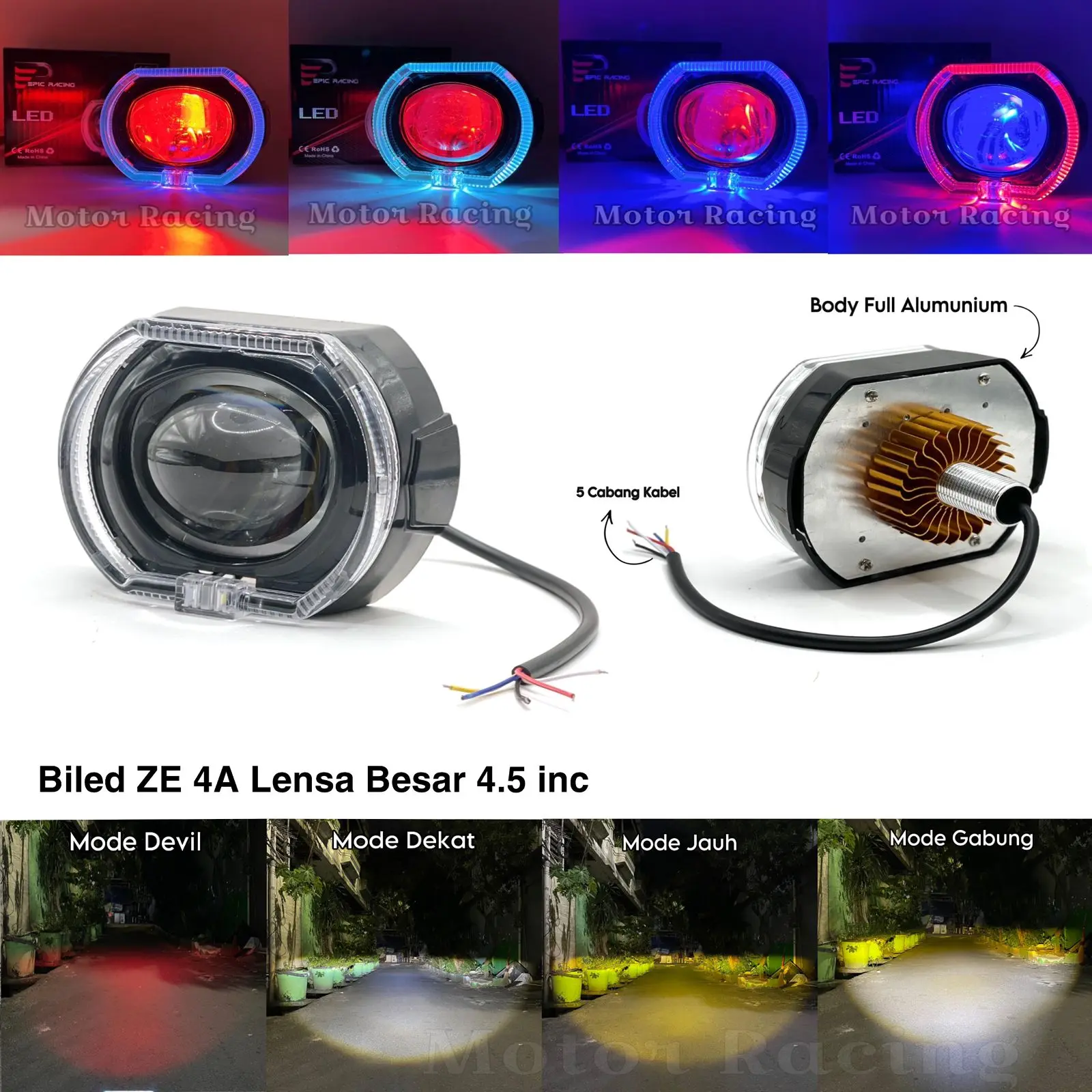 Lampu Utama Biled E45 4,5 Inc Lensa Besar Full Aluminium High Low Beam