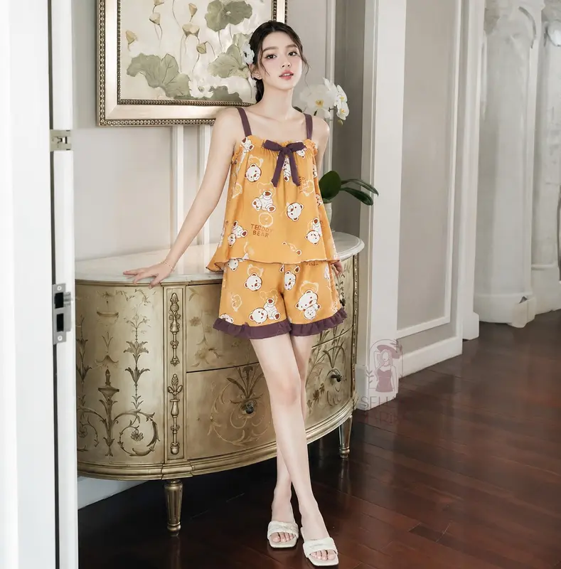 SH | One Set Arzoyi Setelan Wanita Bahan Viskin Sleeveless Hotpants Motif Beruang variasi 2