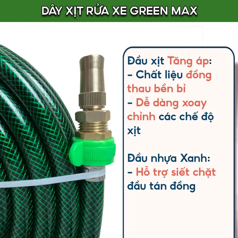 Bộ dây MÀU XANH (ỐNG NHỎ 14MM) 3M,5M,10M,15M,20M,30M xịt rửa xe , tưới cây , dây nhựa dẻo ( phi 14mm ) , đầu nước cấp gắn tán đồng thâu răng trong 21 , có gắn vòi xịt chất liệu đồng thâu 2