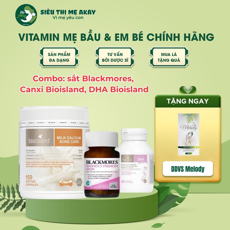 Combo viên uống bổ sung Milk Calcium Bio Island, Sắt blackmore và DHA Bio Island
