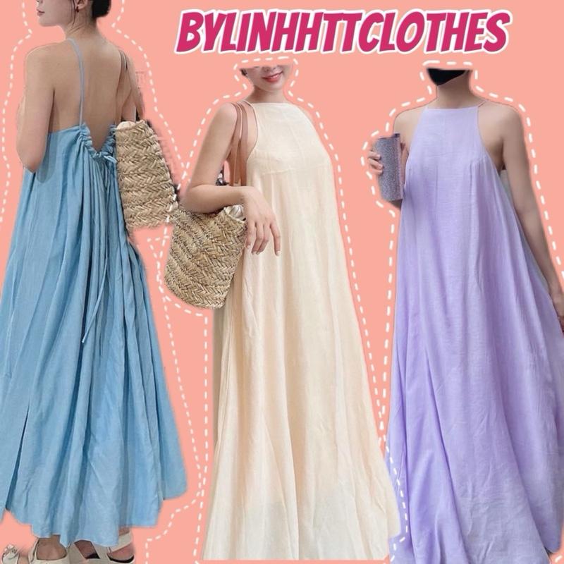 Đầm maxi cổ yếm 2 dây hở lưng rút dây dáng dài đi biển 2 lớp có túi Nữ Dress