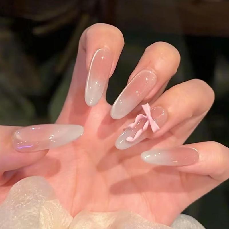 Mã B007 Nail Box Móng Tay Giả Dáng Móng Dài Màu Thạch Hồng Ombre Đính Nơ Phong Cách Nhẹ Nhàng Thuần Khiết Có Thể Tháo Rời Tái Sử Dụng