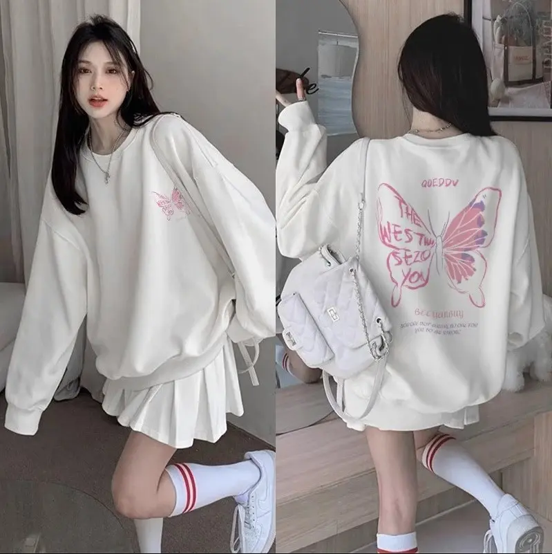 Sweater Crewneck Lengan Panjang Viral Wanita Motif KUPU-KUPU QOEDDV  Distro Atasan Lembut Tebal Cewek Keren Sweatshirt Simple Keren TerkinI Terbarui
