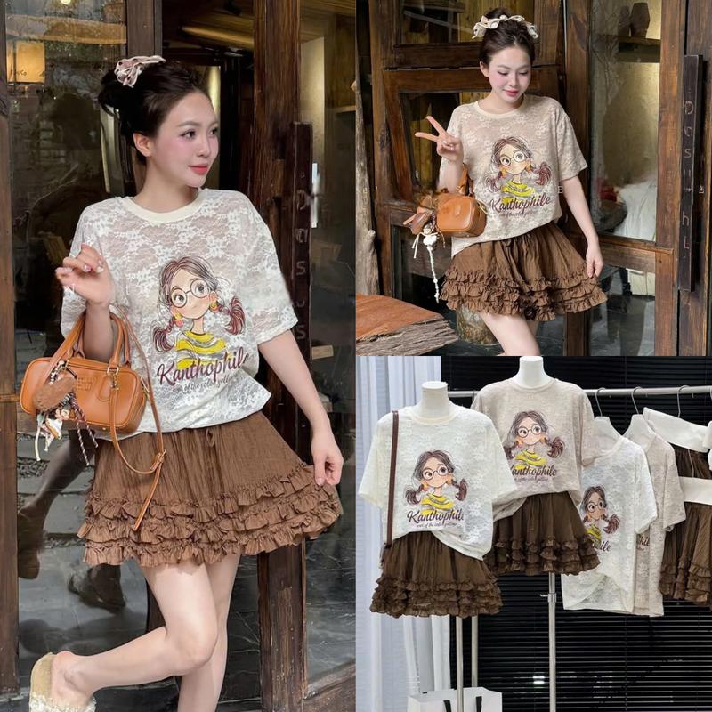 [Tặng Áo 2 dây]Set Váy Áo Ren Hoa Ép pet Hình Cô Gái Mix Chân Váy Xoè Phối Bèo Cạp Chun Co Giãn Phong Cách Tiểu Thư Dễ Thương By TH Store