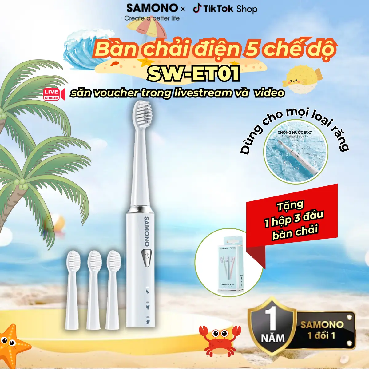 (BH 1 Năm)Samono Bàn chải răng điện 5 chế độ đánh răng dành cho Nam/ Nữ,  4 đầu bàn chải thay thế mềm mại, đánh tẳng tốt SW-ET01, người lớn và răng bé đều sử dụng được bàn  chải