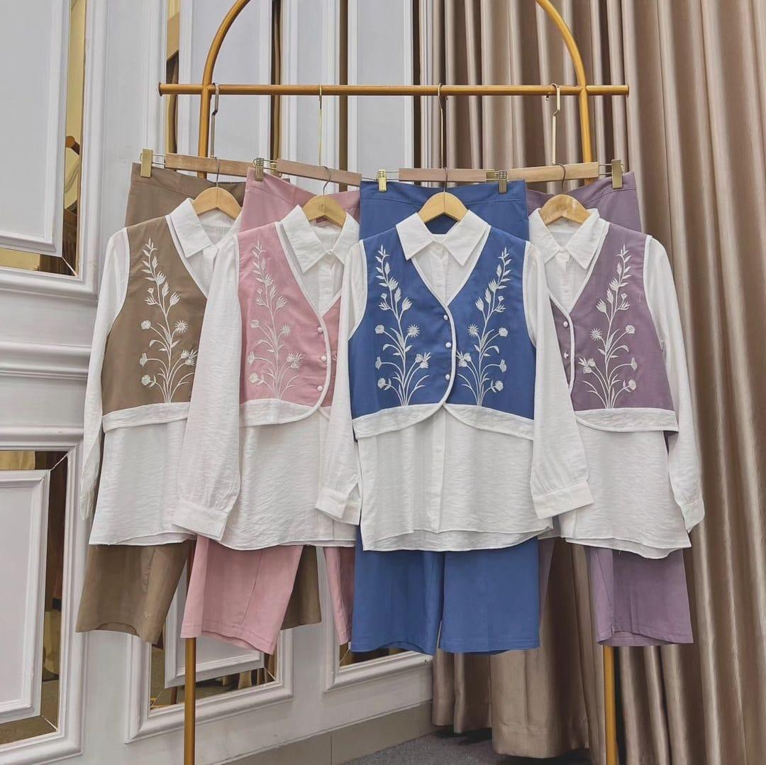 One Set Ld 100 105 110 120 Setelan Wanita Celana Dan Atasan Hania Set Bahan Crincle Air Flow Mix Bordir Ukuran M L XL XXL Setalan Busu Frendly