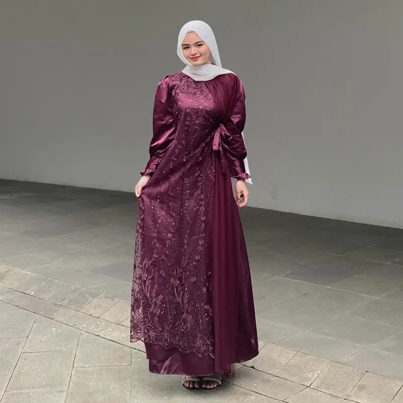 Gamis brokat 2025 model baru Kinar Dress Kondangan Terbaru Bahan Silk Kombinasi Tile Gamis Brukat Pesta Terbaru Warna Burgundy Ukuran S M L XL XXL XXXL Gaun Mewah Wanita Dewasa Lebaran Muslim 1
