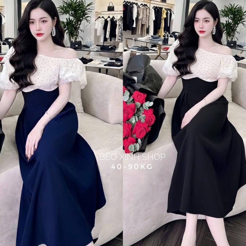 Váy Dự Tiệc Thiết Kế Trễ Vai Phối Chấm Bi Tay Phồng Tiểu Thư Vải Tuyết Mưa Thanh Lịch Cao Cấp Cho Các Nàng Bigsize 40–90kg Thời Trang Nữ Béo Xinh Shop - A.1608