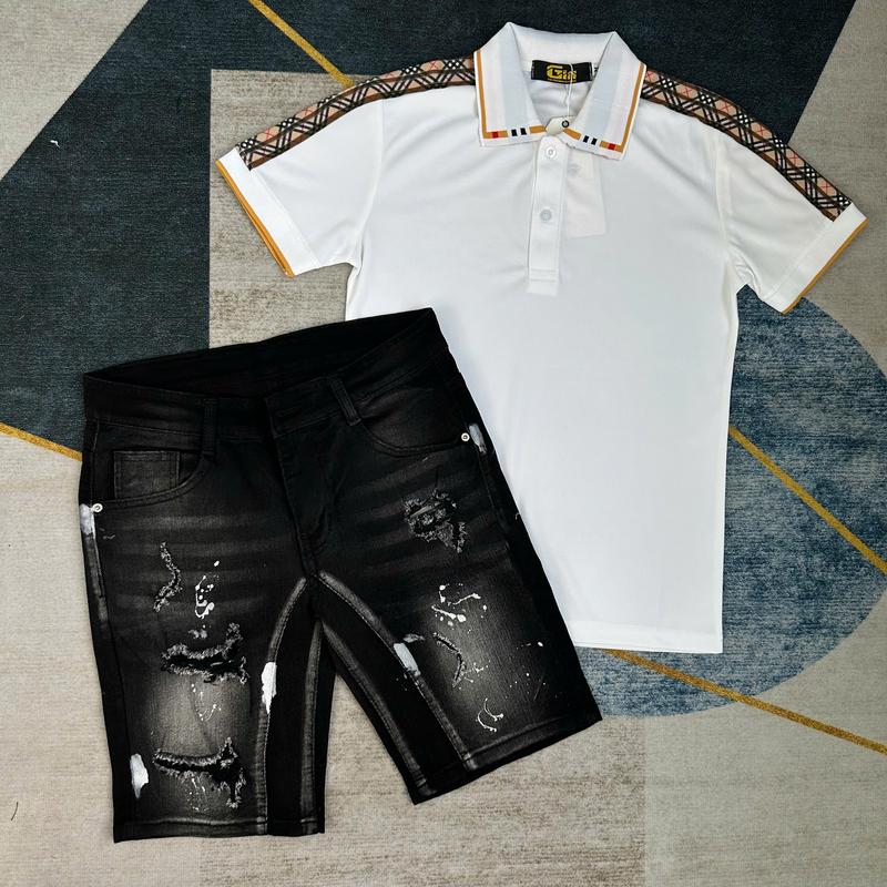 COMBO NGỐ XỊN , QUẦN SHORT JEANS NAM ĐEN 2 ĐÁY CO GIÃN RÁCH KIỂU , VẨY SƠN TRẮNG BỤI PHỐI ÁO POLO TRẮNG ĐI VIỀN SỌC CA RÔ VAI , CỔ , CHẤT POLO MỀM MỊN MÁT SIÊU ĐẸP