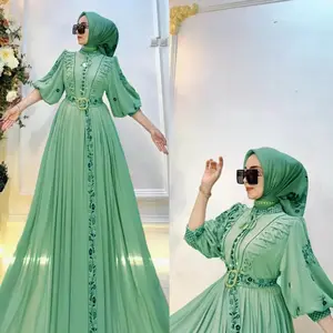 Dress Bordir Bunga Muslimah Wanita Dinda Dress Bahan Ceruty Babydoll Baju Gamis Panjang Elegan Model Kekinian Mocca Kondangan