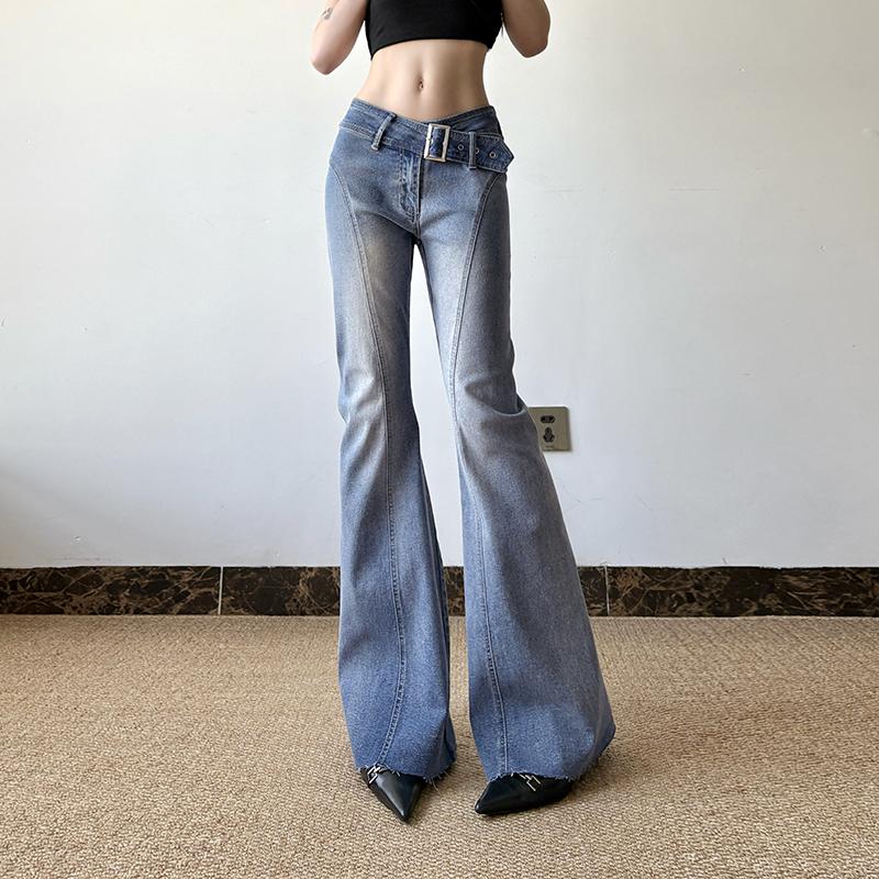 Quần Denim Ống Loe, Cổ Chữ V, Cổ Điển, Cạp Thấp, Màu Giặt, Mỏng Vừa Vặn, Thời Trang Đường Phố Thanh Lịch, Phù Hợp Với Quần Jean