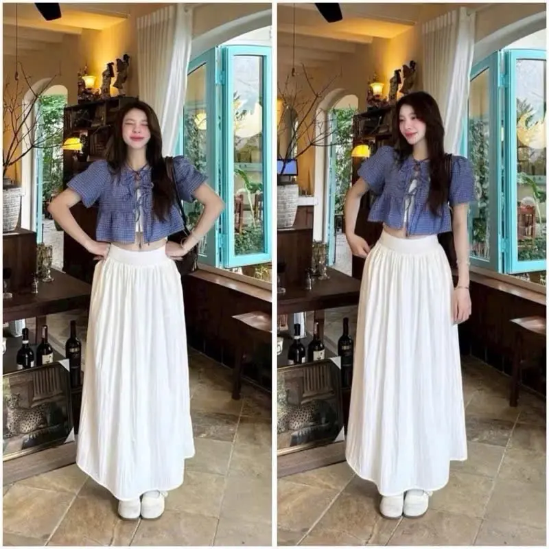 Set áo babydoll dáng ngắn cổ tròn buộc nơ kèm áo hai dây kèm chân váy tơ