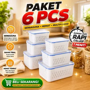 PAKET 2 SET 6 PCS 3 Ukuran Food Container Kotak Penyimpanan Makanan Buah dan Sayur Kulkas / Keranjang Saringan Pengering Sayur Container Kulkas / Tempat Sayuran Kulkas Multifungsi 3in1