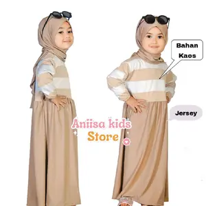 set gamis anak perempuan Cewek Muslim Mewah Lebaran Bayi Wanita Merah Dress Katun abaya Kaos Salur Syari