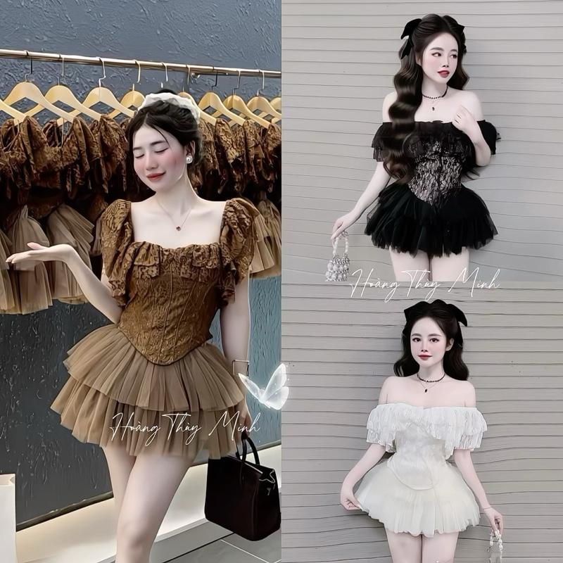 K1- HÀNG CÓ SẴN Set Áo Trễ Vai Ren 3 Màu Phối Chân Váy Lưới Tầng Xoè Xinh Xắn Sang Chảnh-HoangThuyMinh97