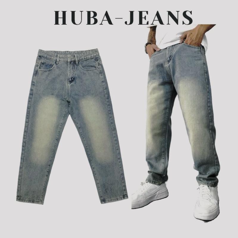 Quần jean dáng form suông rộng quần bò baggy trơn ống rộng nam dễ phối đồ chất jean đẹp xanh ánh vàng Retro HUBA JEANS Pants Menswear Ong Có Túi Cotton Loang Denim grind wash jean han quoc