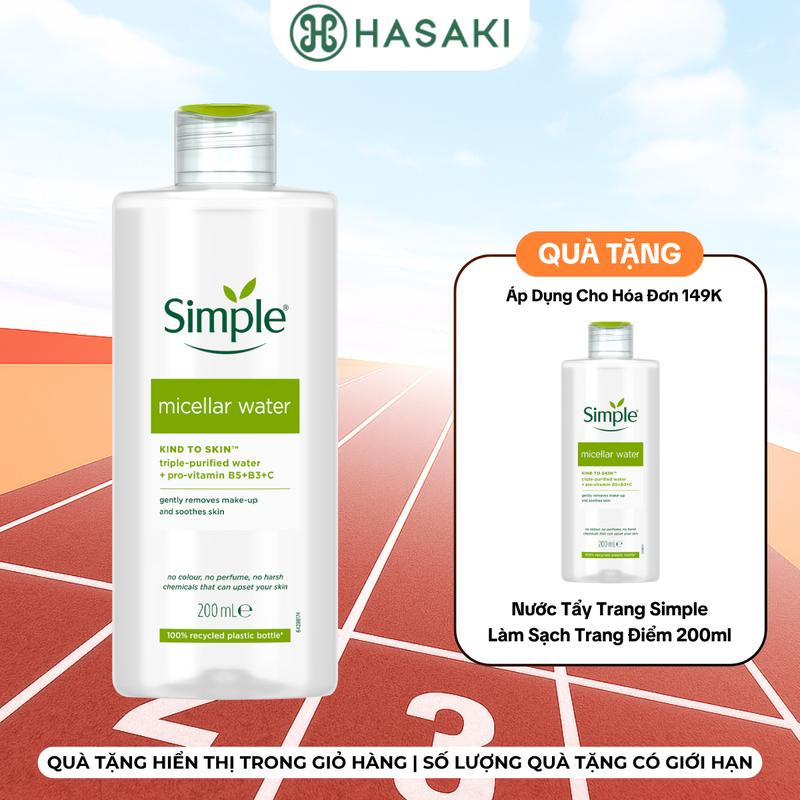 [HÓA ĐƠN 149K TẶNG NƯỚC TẨY TRANG 200ML] Nước Tẩy Trang Simple Làm Sạch Trang Điểm 200ml Kind To Skin Micellar Cleansing Water | HASAKI BEAUTY Cosmetic